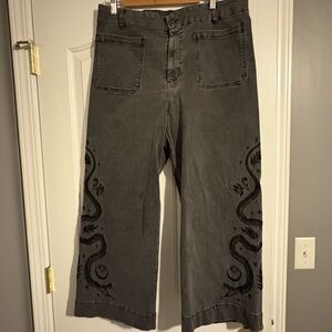 Gray Wide-Leg Jeans with Black Embroidery